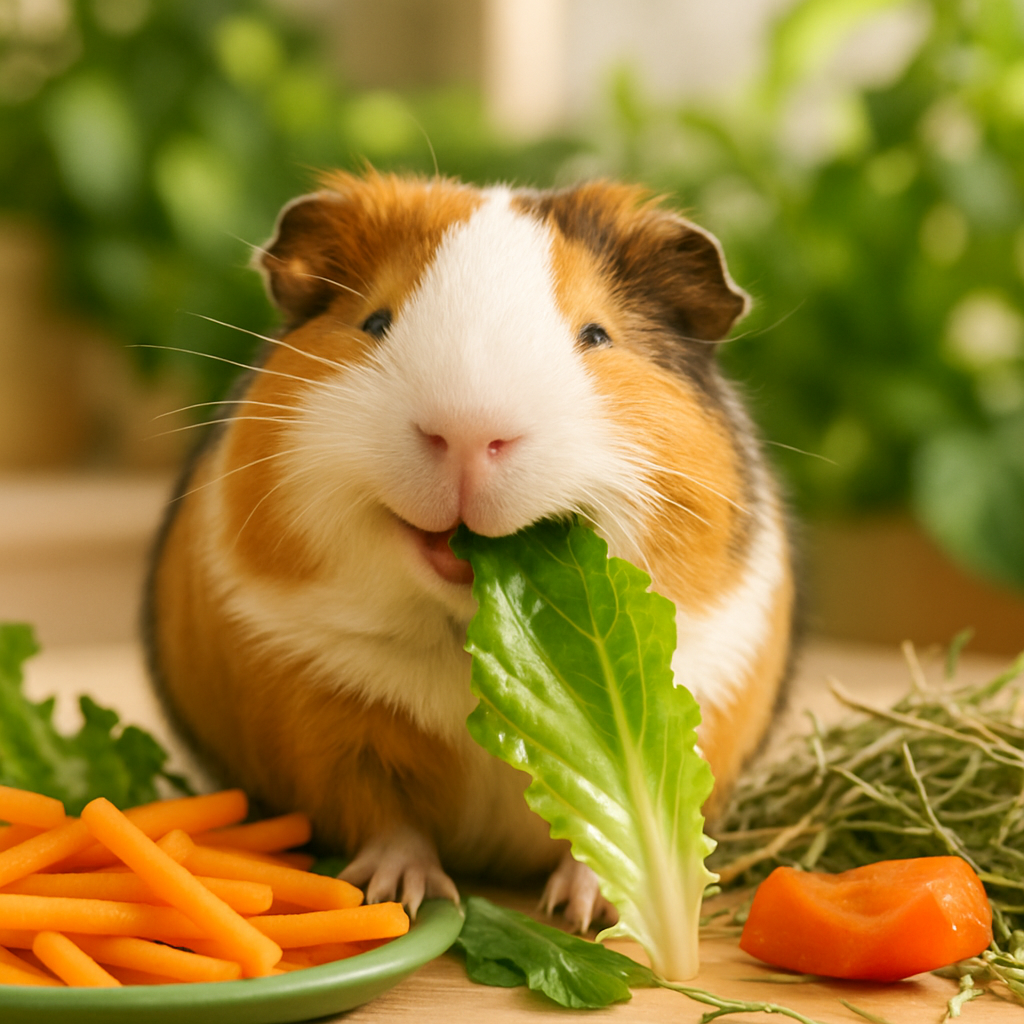 A happy guinea pig enjoying fresh food